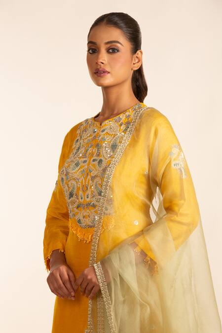 Shop_Garo_Yellow Denim, Organza Embroidery Round Neck Bodice Kurta Pant Set_Online_at_Aza_Fashions