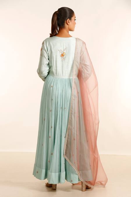 Shop_Garo_Blue Organza, Chiffon, Denim Embroidery V-neck Floral Bodice Anarkali Pant Set_at_Aza_Fashions