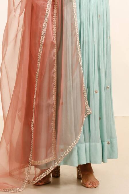 Garo Blue Organza, Chiffon, Denim Embroidery V-neck Floral Bodice Anarkali Pant Set Online at Aza Fashions Garo_Blue Organza, Chiffon, Denim Embroidery V-neck Floral Bodice Anarkali Pant Set_Online_at_Aza_Fashions