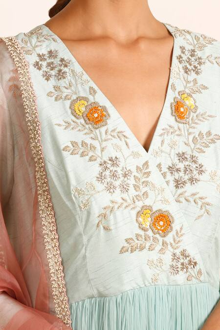 Shop_Garo_Blue Organza, Chiffon, Denim Embroidery V-neck Floral Bodice Anarkali Pant Set_Online_at_Aza_Fashions