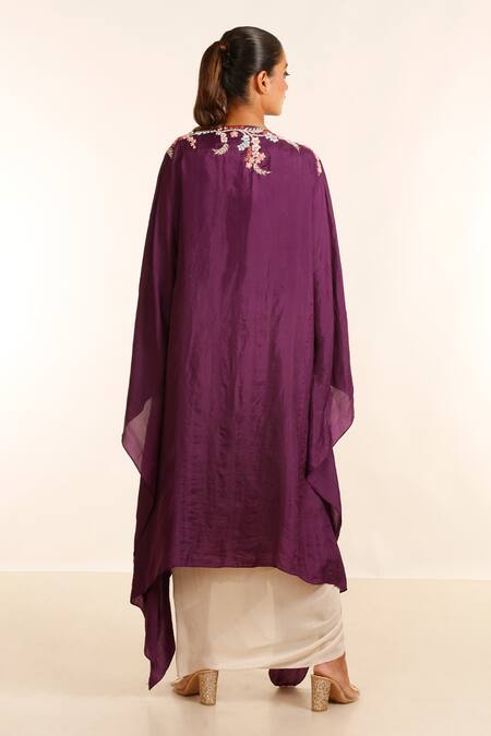 Shop_Garo_Purple Silk, Muslin Embroidery Round Neck Floral Cape Skirt Set_at_Aza_Fashions