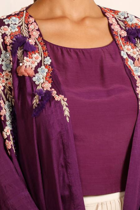 Buy_Garo_Purple Silk, Muslin Embroidery Round Neck Floral Cape Skirt Set_Online_at_Aza_Fashions