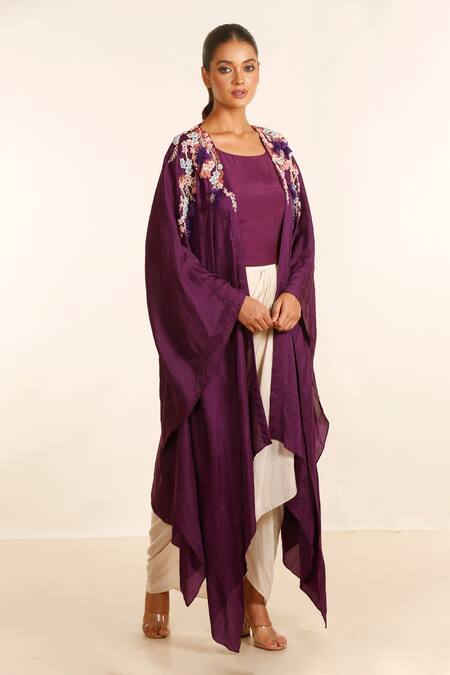Shop_Garo_Purple Silk, Muslin Embroidery Round Neck Floral Cape Skirt Set_Online_at_Aza_Fashions