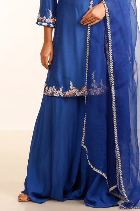 Garo_Blue Silk, Muslin, Organza Embroidery Turtle Neck Placement Kurta Palazzo Set_Online_at_Aza_Fashions