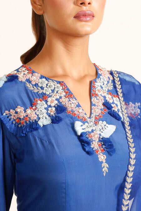 Buy_Garo_Blue Silk, Muslin, Organza Embroidery Turtle Neck Placement Kurta Palazzo Set_Online_at_Aza_Fashions