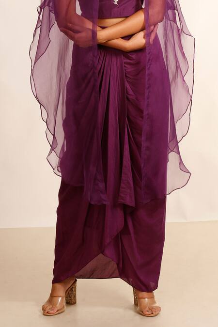 Garo Purple Silk, Organza, Muslin Embroidery Placement Hand Cape Draped Skirt Set Online at Aza Fashions Garo_Purple Silk, Organza, Muslin Embroidery Placement Hand Cape Draped Skirt Set_Online_at_Aza_Fashions