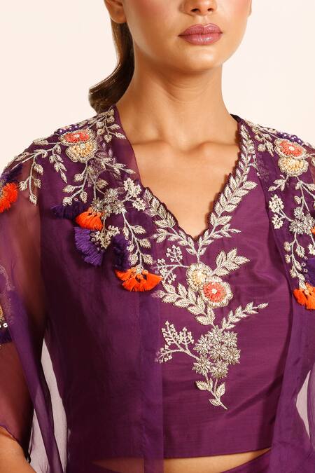 Buy_Garo_Purple Silk, Organza, Muslin Embroidery Placement Hand Cape Draped Skirt Set_Online_at_Aza_Fashions
