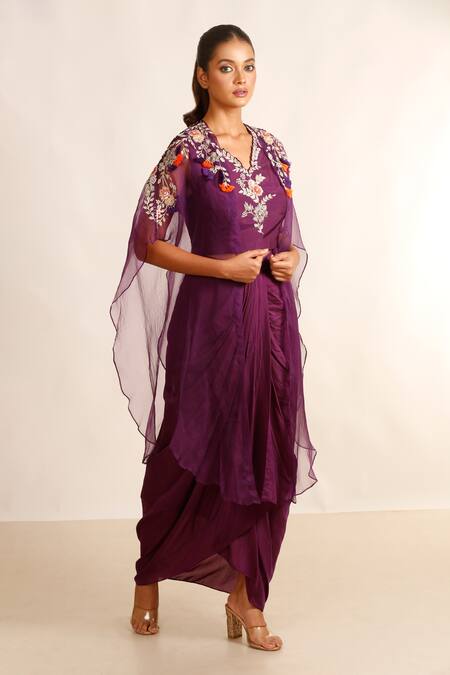 Shop_Garo_Purple Silk, Organza, Muslin Embroidery Placement Hand Cape Draped Skirt Set_Online_at_Aza_Fashions