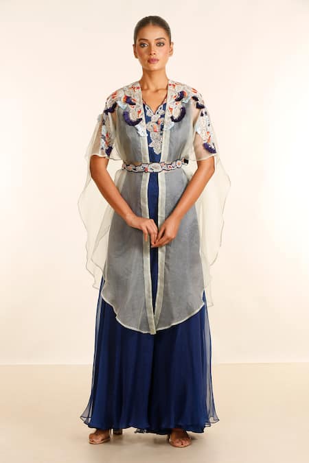 Garo Blue Silk Muslin And Organza Embroidery Floral Placement Cape Palazzo Set 