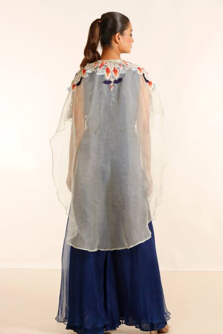 Shop_Garo_Blue Silk, Muslin, Organza Embroidery V-neck Placement Hand Cape Palazzo Set_at_Aza_Fashions