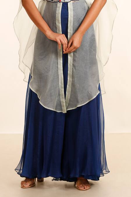Garo Blue Silk, Muslin, Organza Embroidery V-neck Placement Hand Cape Palazzo Set Online at Aza Fashions Garo_Blue Silk, Muslin, Organza Embroidery V-neck Placement Hand Cape Palazzo Set_Online_at_Aza_Fashions