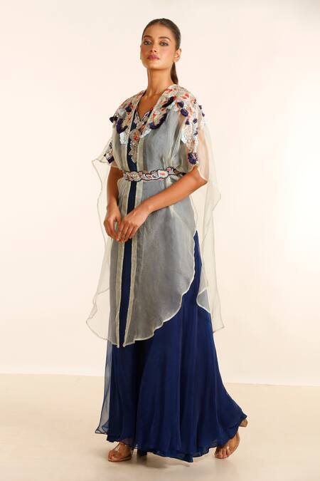 Shop_Garo_Blue Silk, Muslin, Organza Embroidery V-neck Placement Hand Cape Palazzo Set_Online_at_Aza_Fashions