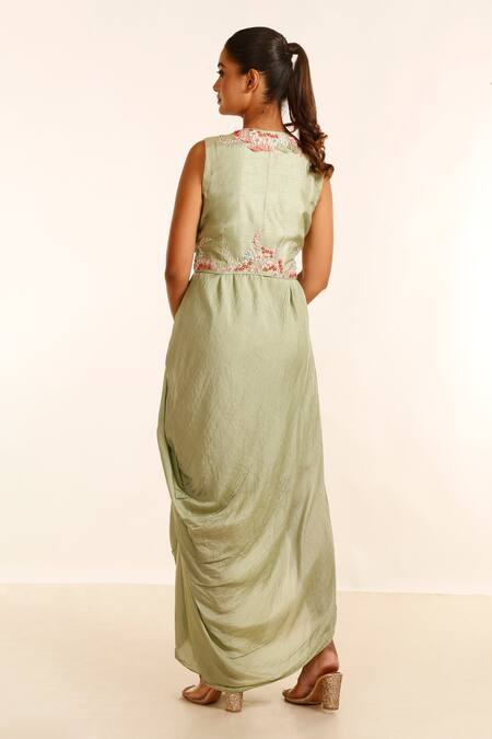 Shop_Garo_Green Silk, Muslin Embroidery Round Neck Draped Dress With Jacket_at_Aza_Fashions