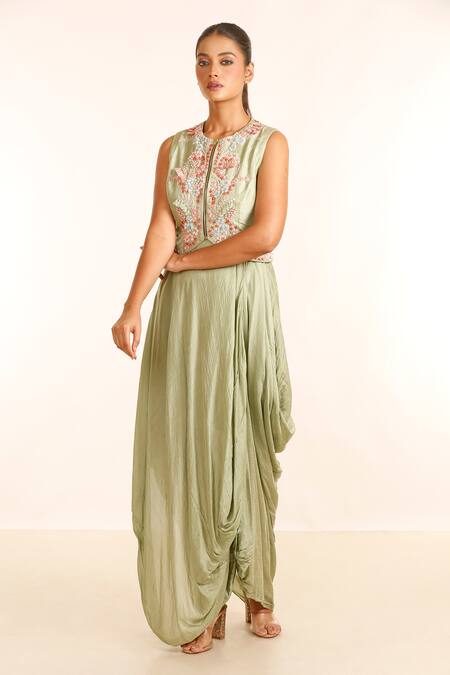 Garo_Green Silk, Muslin Embroidery Round Neck Draped Dress With Jacket_Online_at_Aza_Fashions