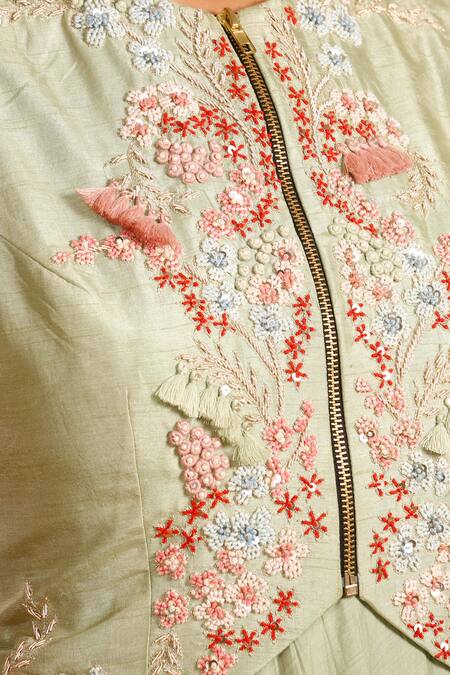 Shop_Garo_Green Silk, Muslin Embroidery Round Neck Draped Dress With Jacket_Online_at_Aza_Fashions