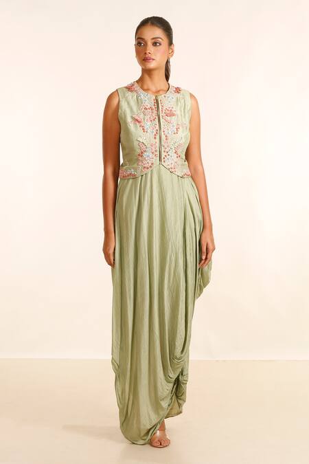 Garo_Green Silk, Muslin Embroidery Round Neck Draped Dress With Jacket_at_Aza_Fashions