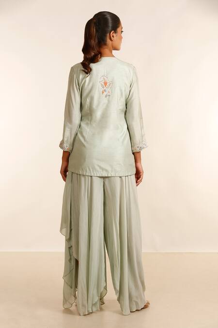Shop_Garo_Blue Denim, Silk Embroidery Scoop , Round Draped Jumpsuit With Jacket_at_Aza_Fashions