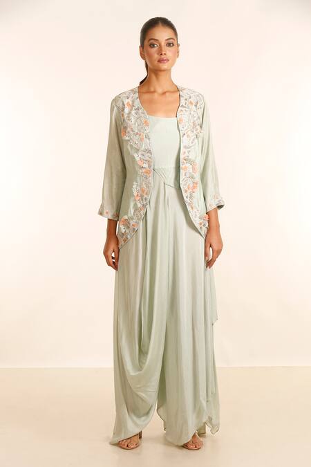 Garo_Blue Denim, Silk Embroidery Scoop , Round Draped Jumpsuit With Jacket_Online_at_Aza_Fashions