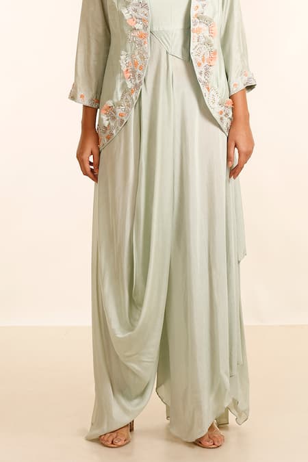 Buy_Garo_Blue Denim, Silk Embroidery Scoop , Round Draped Jumpsuit With Jacket_Online_at_Aza_Fashions