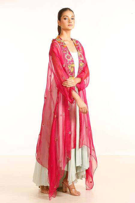 Garo_Blue Organza, Silk Embroidery, Beads Round Gown With Hand Asymmetric Jacket_Online_at_Aza_Fashions