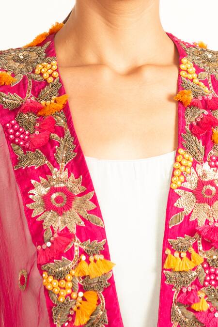 Buy Garo Blue Organza, Silk Embroidery, Beads Round Gown With Hand Asymmetric Jacket Online at Aza Fashions Buy_Garo_Blue Organza, Silk Embroidery, Beads Round Gown With Hand Asymmetric Jacket_Online_at_Aza_Fashions