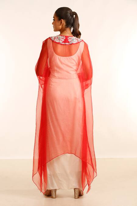 Shop_Garo_Peach Silk, Organza, Muslin Embroidery Scoop Neck, Hand Jacket Draped Skirt Set_at_Aza_Fashions