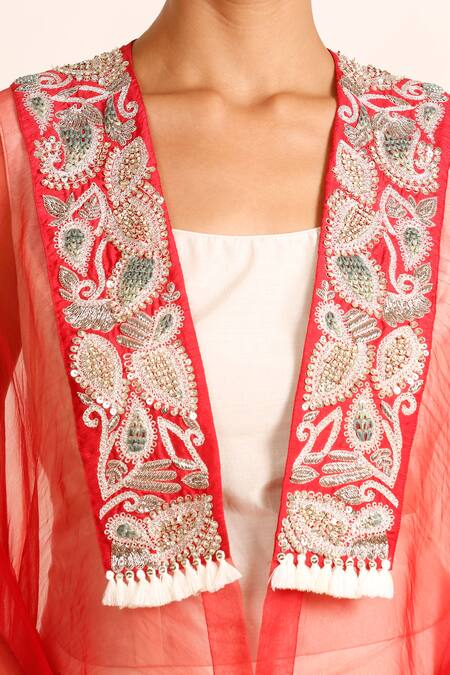 Buy_Garo_Peach Silk, Organza, Muslin Embroidery Scoop Neck, Hand Jacket Draped Skirt Set_Online_at_Aza_Fashions