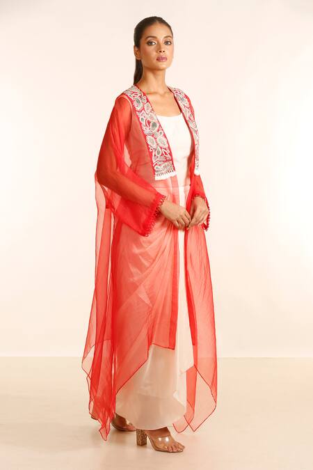 Shop_Garo_Peach Silk, Organza, Muslin Embroidery Scoop Neck, Hand Jacket Draped Skirt Set_Online_at_Aza_Fashions