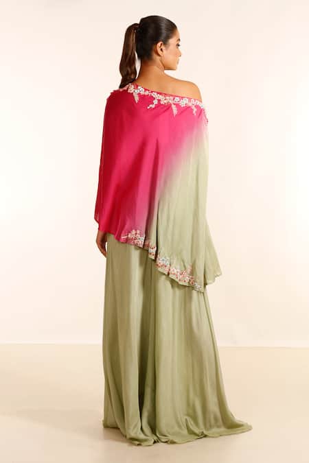 Shop_Garo_Green Silk, Muslin Embroidery Asymmetric Ombre Tunic With Palazzo_at_Aza_Fashions
