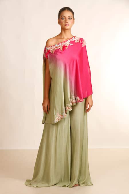 Garo_Green Silk, Muslin Embroidery Asymmetric Ombre Tunic With Palazzo_Online_at_Aza_Fashions