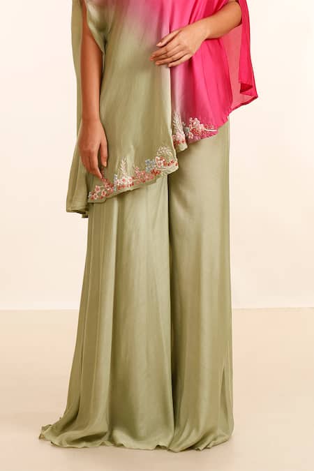Shop Garo Green Silk, Muslin Embroidery Asymmetric Ombre Tunic With Palazzo Online at Aza Fashions Shop_Garo_Green Silk, Muslin Embroidery Asymmetric Ombre Tunic With Palazzo_Online_at_Aza_Fashions