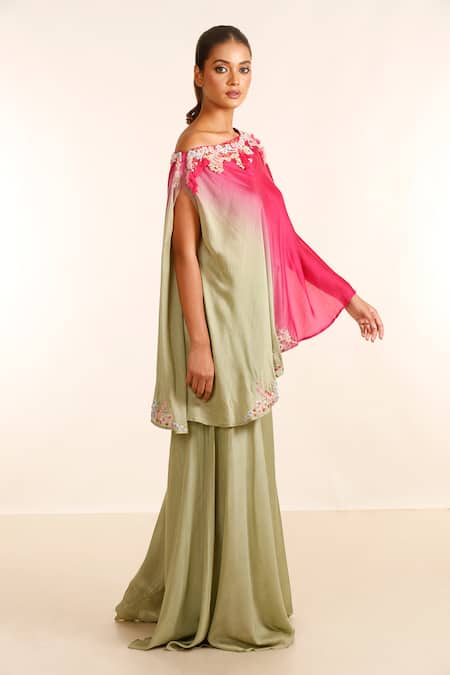 Garo_Green Silk, Muslin Embroidery Asymmetric Ombre Tunic With Palazzo_at_Aza_Fashions