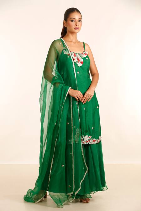Garo_Green Silk, Organza Sequins, Beads, Embroidery Placement Hand Kurta Palazzo Set_Online_at_Aza_Fashions