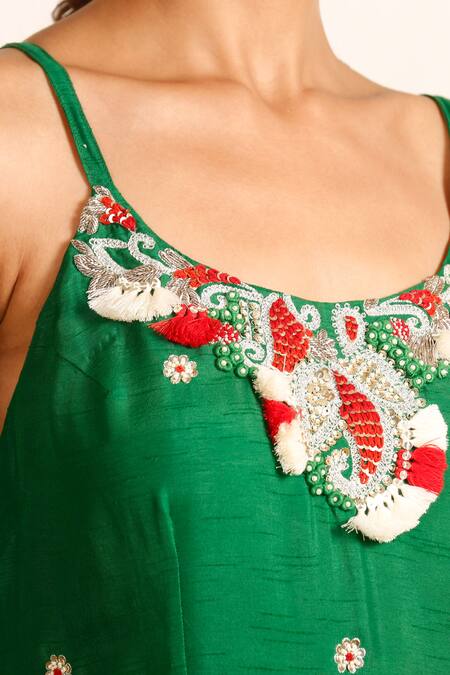 Shop_Garo_Green Silk, Organza Sequins, Beads, Embroidery Placement Hand Kurta Palazzo Set_Online_at_Aza_Fashions