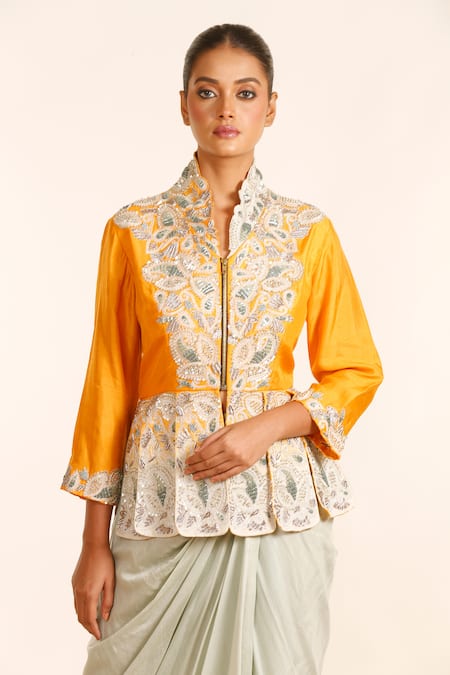 Garo_Orange Denim, Silk Embroidery Mandarin Hand Peplum Jacket With Draped Skirt_Online_at_Aza_Fashions