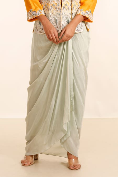 Buy_Garo_Orange Denim, Silk Embroidery Mandarin Hand Peplum Jacket With Draped Skirt_Online_at_Aza_Fashions