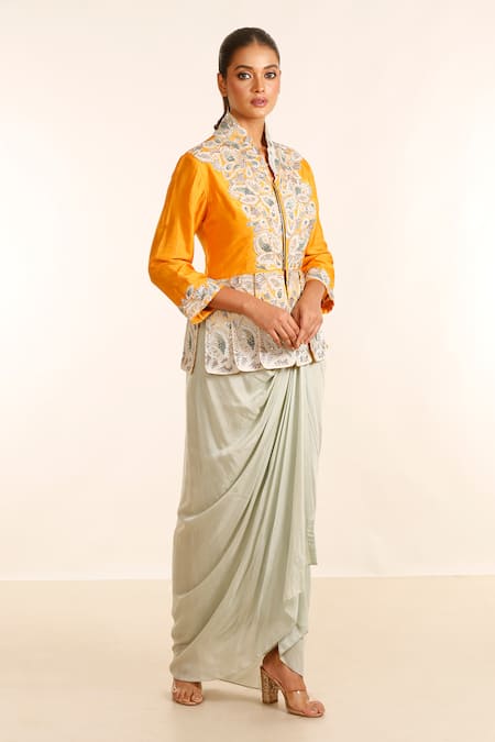 Shop_Garo_Orange Denim, Silk Embroidery Mandarin Hand Peplum Jacket With Draped Skirt_Online_at_Aza_Fashions