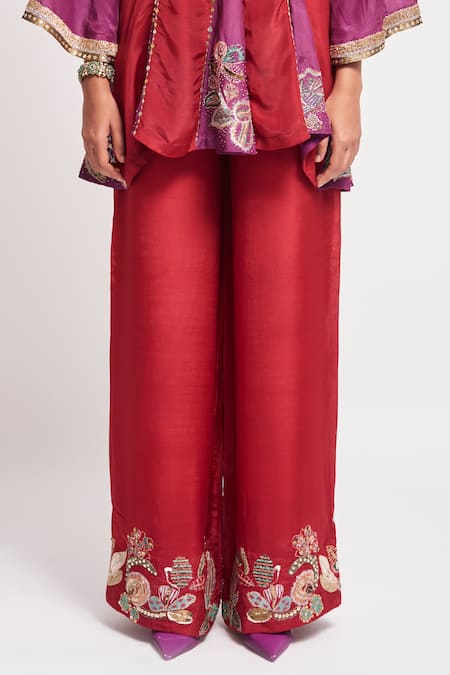 Aisha Rao_Red Silk Sequins, Embroidery Collared Ayana Embellished Godet Kurta Pant Set _Online_at_Aza_Fashions