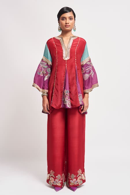 Buy_Aisha Rao_Red Silk Sequins, Embroidery Collared Ayana Embellished Godet Kurta Pant Set _Online_at_Aza_Fashions