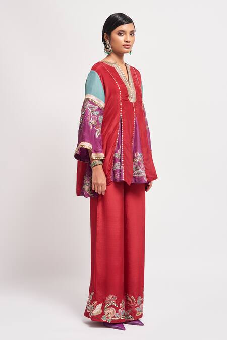 Shop_Aisha Rao_Red Silk Sequins, Embroidery Collared Ayana Embellished Godet Kurta Pant Set _Online_at_Aza_Fashions