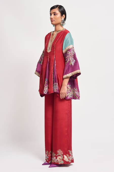 Aisha Rao_Red Silk Sequins, Embroidery Collared Ayana Embellished Godet Kurta Pant Set _at_Aza_Fashions