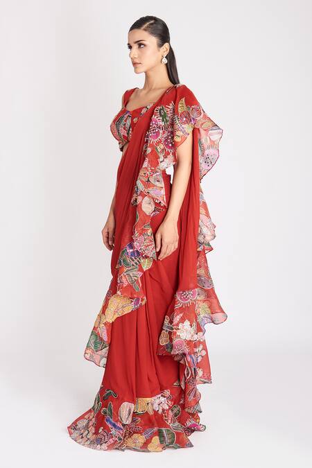 Aisha Rao_Red Organza, Georgette Floral Print Ruffle Pre-stitched Saree With Blouse _Online_at_Aza_Fashions