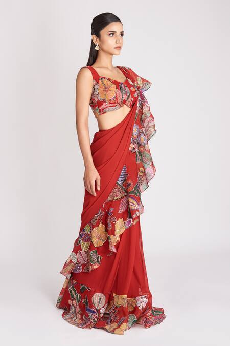 Buy_Aisha Rao_Red Organza, Georgette Floral Print Ruffle Pre-stitched Saree With Blouse _Online_at_Aza_Fashions