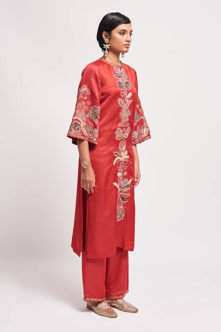 Aisha Rao_Red Linen, Satin, Tulle Sequins, Embroidery Rust Applique Embellished Kurta Set _Online_at_Aza_Fashions