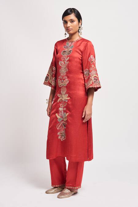 Buy_Aisha Rao_Red Linen, Satin, Tulle Sequins, Embroidery Rust Applique Embellished Kurta Set _Online_at_Aza_Fashions