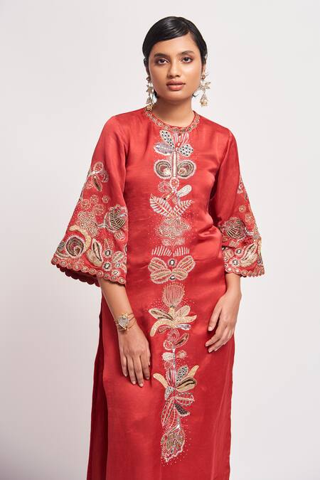 Shop_Aisha Rao_Red Linen, Satin, Tulle Sequins, Embroidery Rust Applique Embellished Kurta Set _Online_at_Aza_Fashions