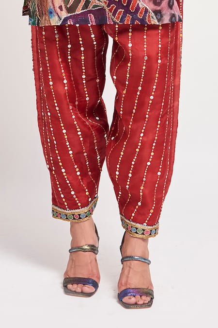 Aisha Rao_Multi Color Organza Sequins Keyhole Shyla Floral Print Short Kurta And Pant Set _Online_at_Aza_Fashions