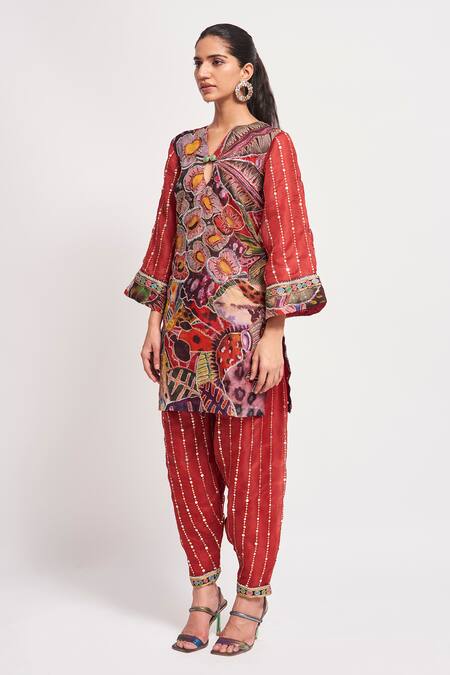 Buy_Aisha Rao_Multi Color Organza Sequins Keyhole Shyla Floral Print Short Kurta And Pant Set _Online_at_Aza_Fashions