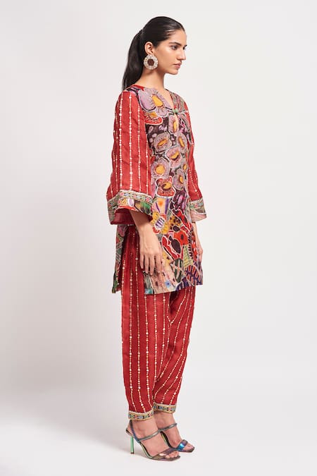 Shop_Aisha Rao_Multi Color Organza Sequins Keyhole Shyla Floral Print Short Kurta And Pant Set _Online_at_Aza_Fashions