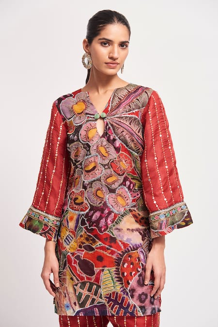 Aisha Rao_Multi Color Organza Sequins Keyhole Shyla Floral Print Short Kurta And Pant Set _at_Aza_Fashions